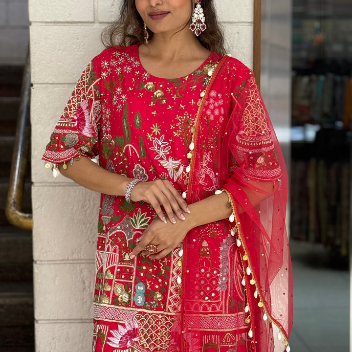 Vibrant Red Designer Kurta Set with Multicolor Embroidery & Tassel Dupatta