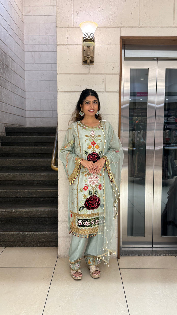 Pastel Mint Green Designer Kurta Set with Multicolor Floral Embroidery & Tassel Dupatta