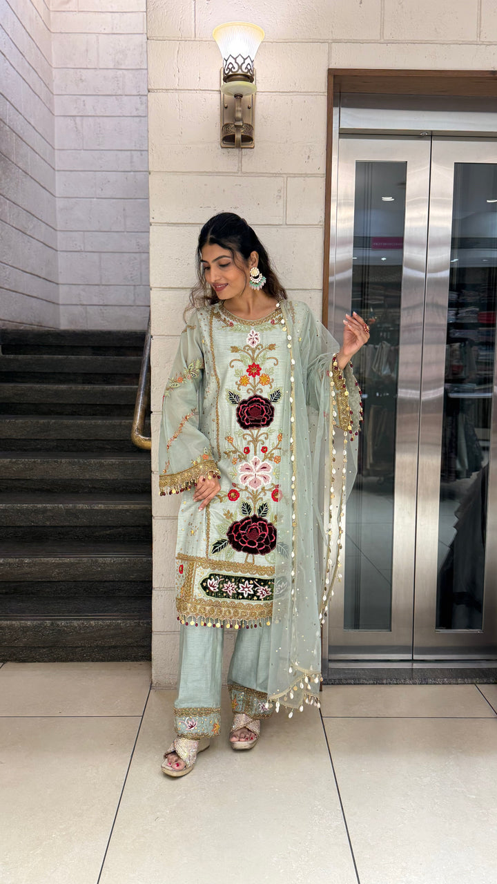 Pastel Mint Green Designer Kurta Set with Multicolor Floral Embroidery & Tassel Dupatta