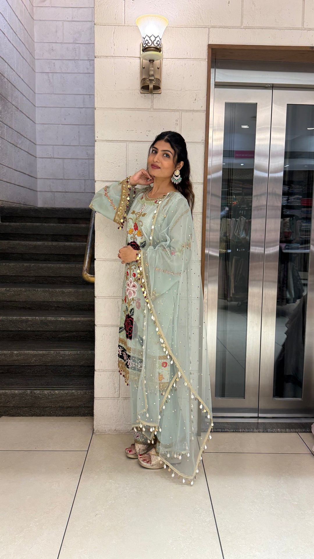 Pastel Mint Green Designer Kurta Set with Multicolor Floral Embroidery & Tassel Dupatta