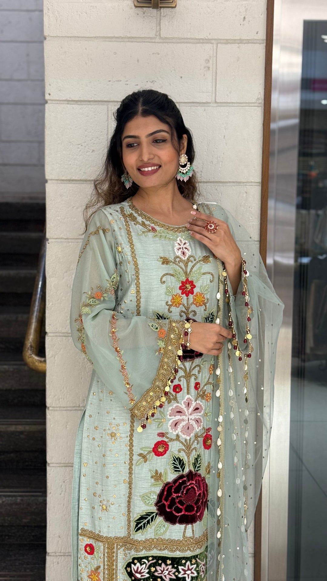 Pastel Mint Green Designer Kurta Set with Multicolor Floral Embroidery & Tassel Dupatta