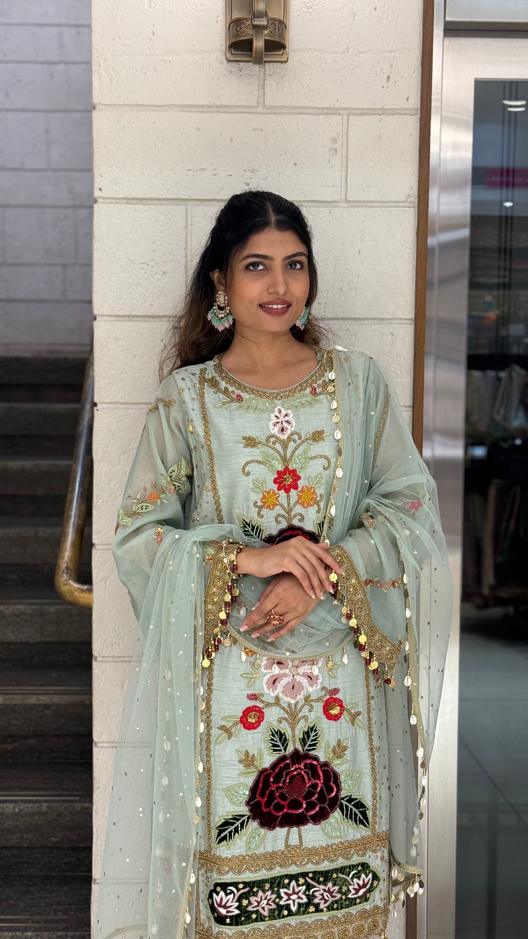 Pastel Mint Green Designer Kurta Set with Multicolor Floral Embroidery & Tassel Dupatta