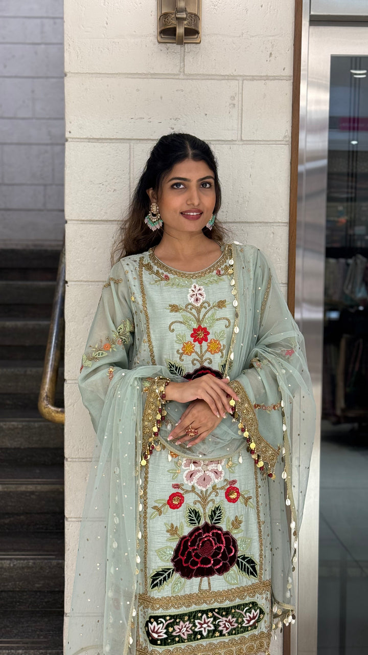 Pastel Mint Green Designer Kurta Set with Multicolor Floral Embroidery & Tassel Dupatta