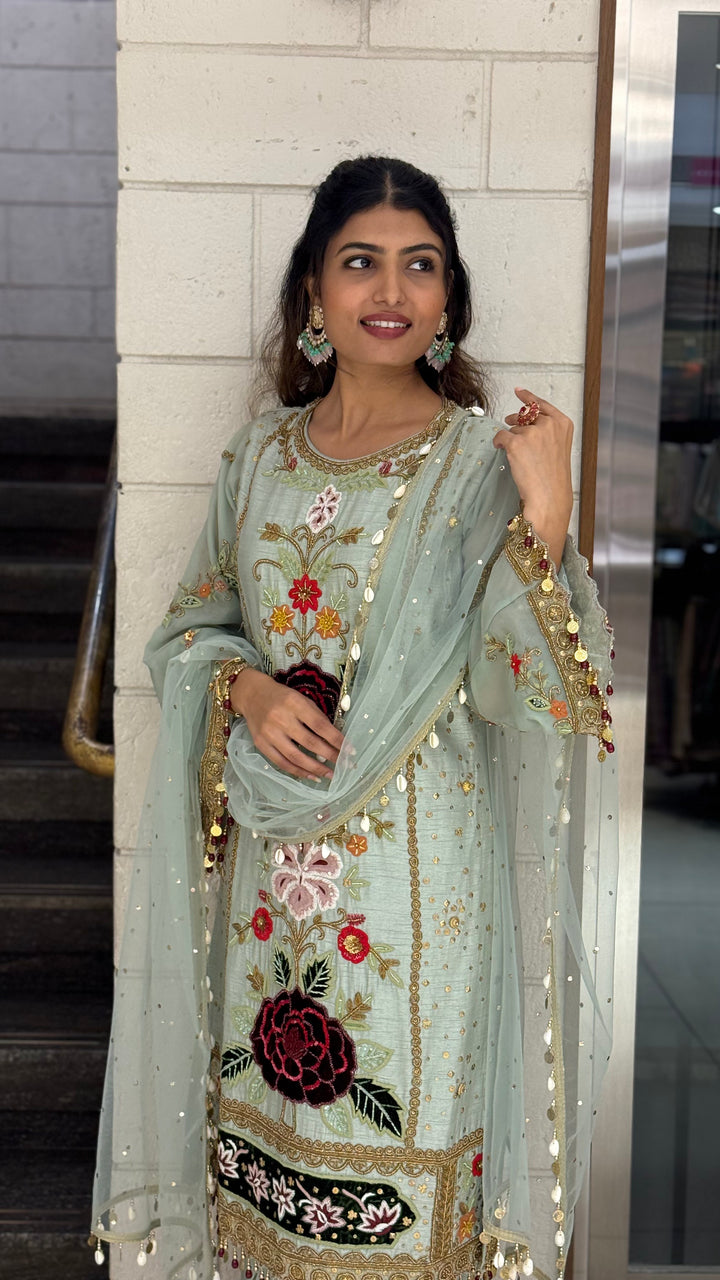 Pastel Mint Green Designer Kurta Set with Multicolor Floral Embroidery & Tassel Dupatta