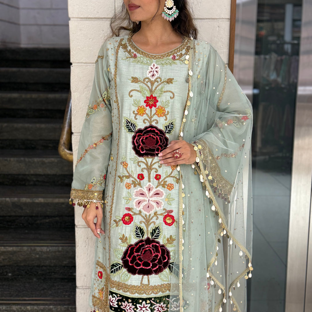 Pastel Mint Green Designer Kurta Set with Multicolor Floral Embroidery & Tassel Dupatta