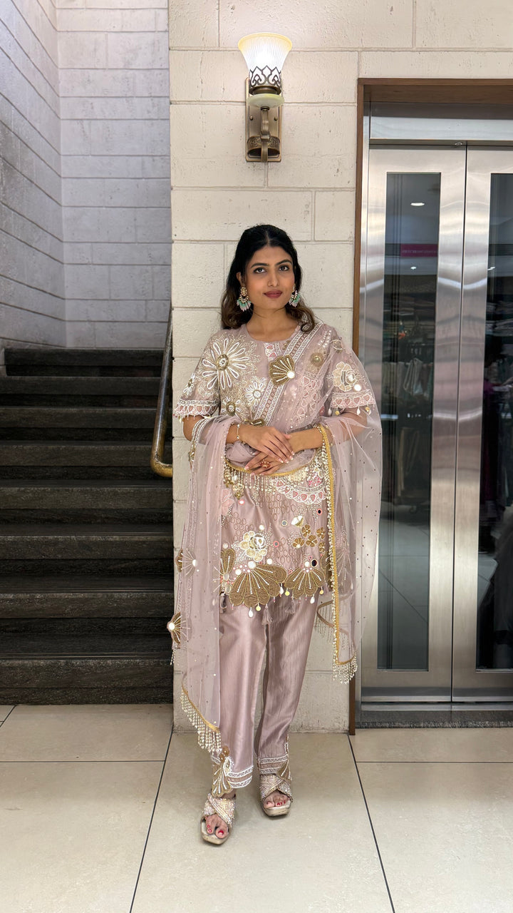 Blush Nude Designer Kurta Set with Mirror Work & Statement Floral Embroidery