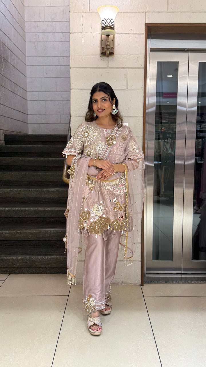 Blush Nude Designer Kurta Set with Mirror Work & Statement Floral Embroidery