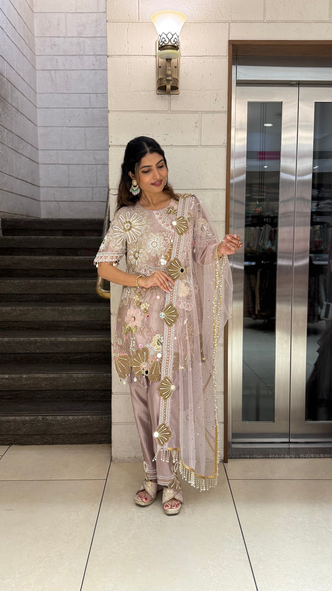 Blush Nude Designer Kurta Set with Mirror Work & Statement Floral Embroidery