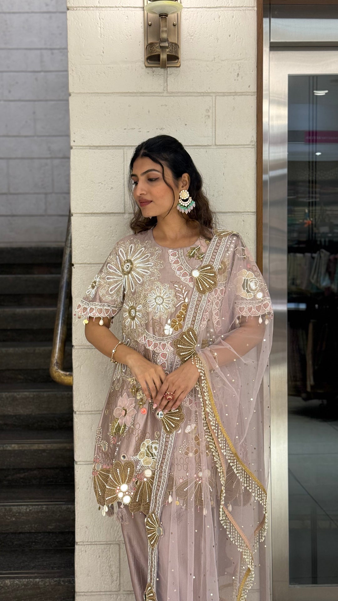 Blush Nude Designer Kurta Set with Mirror Work & Statement Floral Embroidery