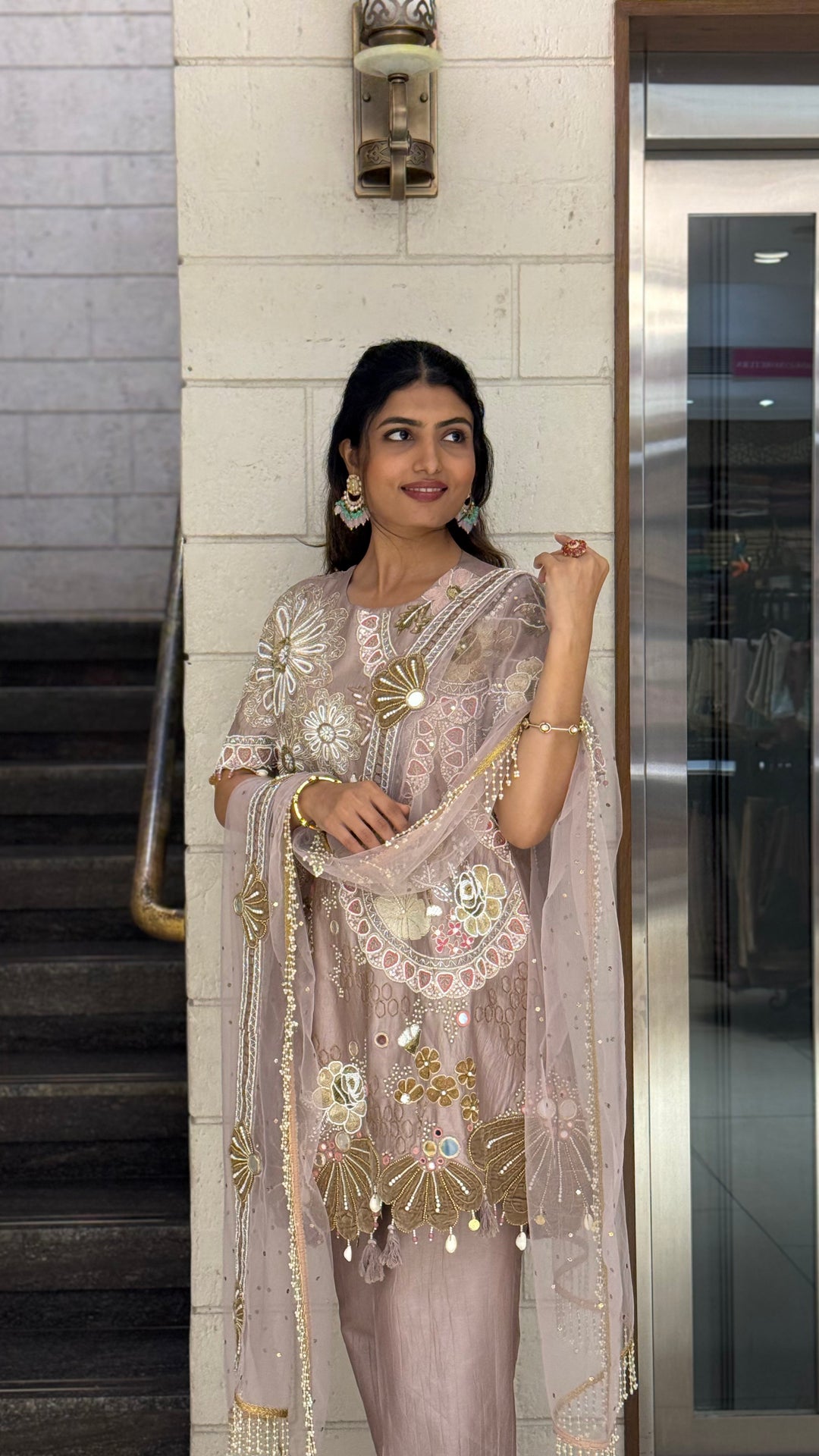 Blush Nude Designer Kurta Set with Mirror Work & Statement Floral Embroidery