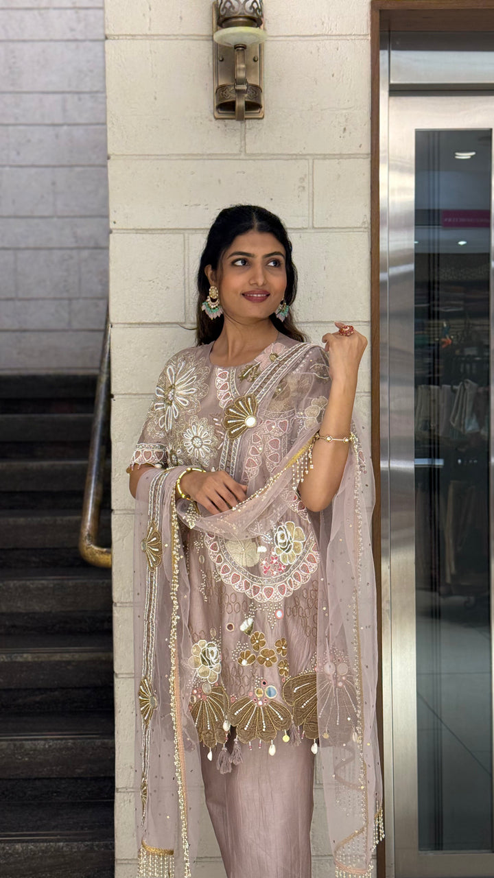 Blush Nude Designer Kurta Set with Mirror Work & Statement Floral Embroidery