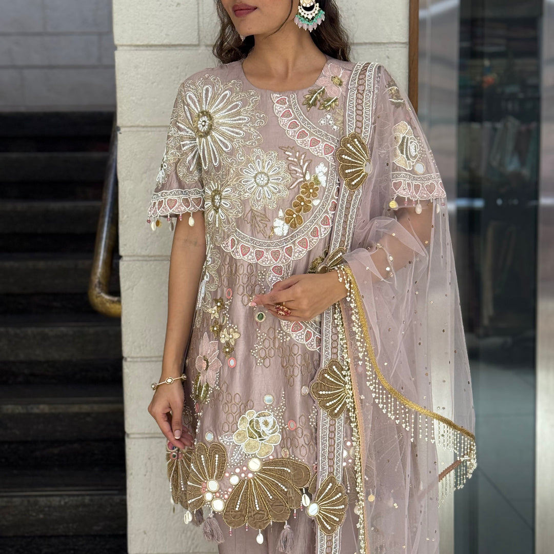 Blush Nude Designer Kurta Set with Mirror Work & Statement Floral Embroidery