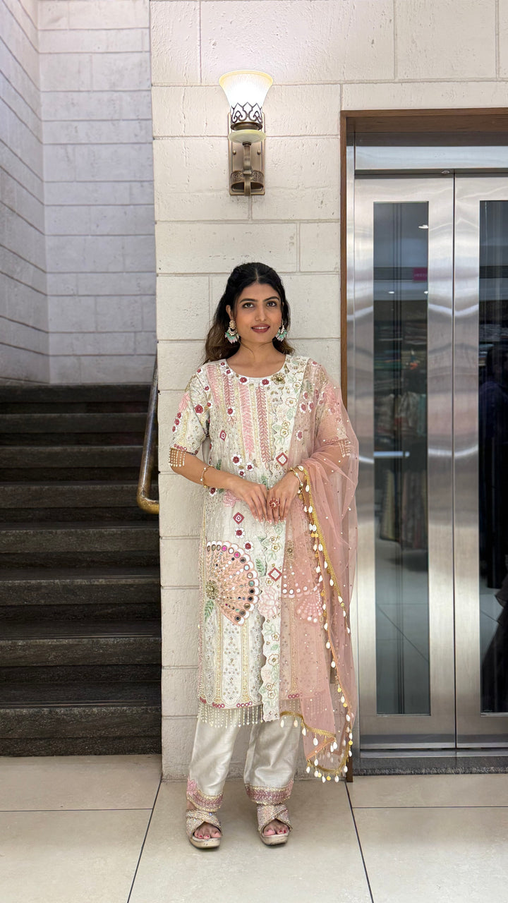 Ivory Designer Kurta Set with Multicolor Embroidery & Peach Dupatta