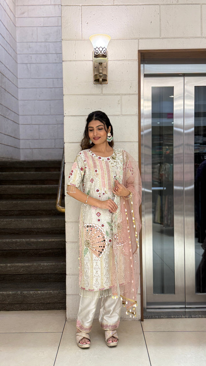 Ivory Designer Kurta Set with Multicolor Embroidery & Peach Dupatta
