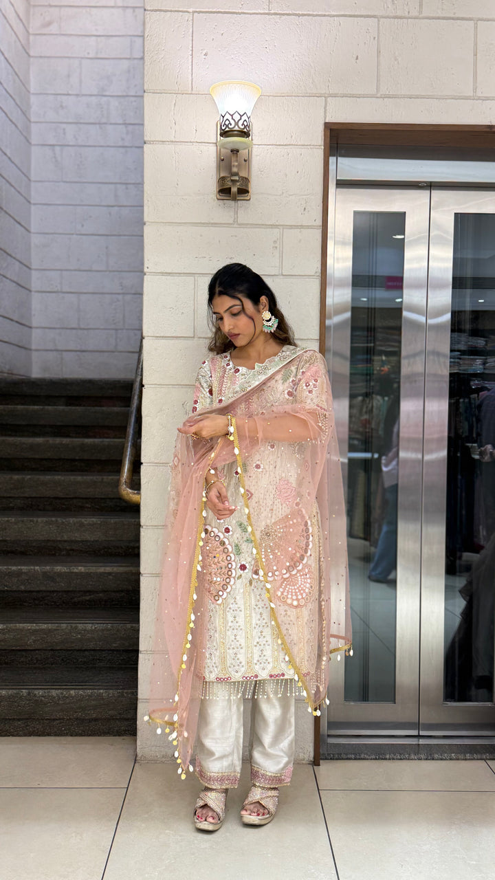 Ivory Designer Kurta Set with Multicolor Embroidery & Peach Dupatta