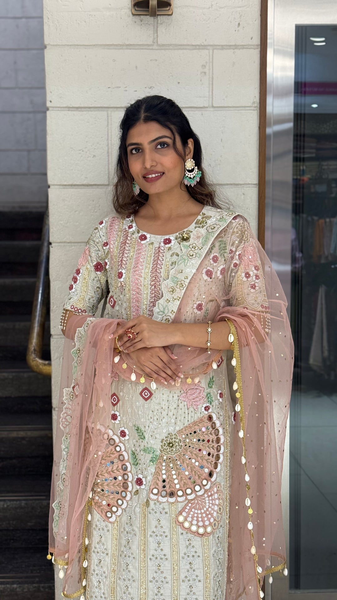 Ivory Designer Kurta Set with Multicolor Embroidery & Peach Dupatta