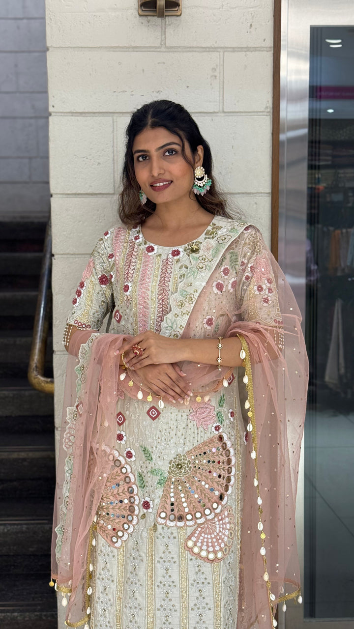 Ivory Designer Kurta Set with Multicolor Embroidery & Peach Dupatta