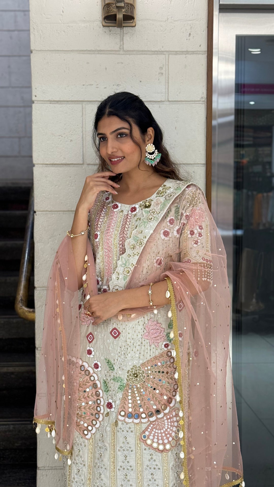 Ivory Designer Kurta Set with Multicolor Embroidery & Peach Dupatta