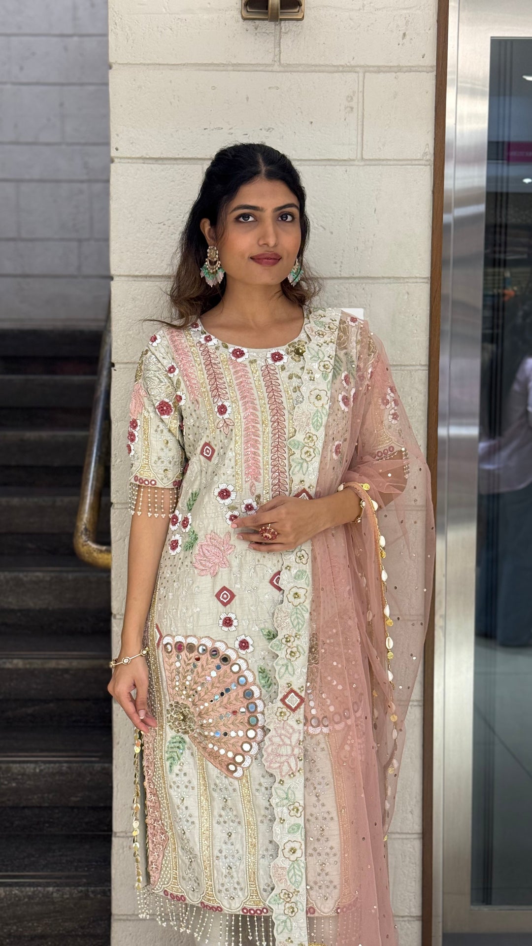 Ivory Designer Kurta Set with Multicolor Embroidery & Peach Dupatta