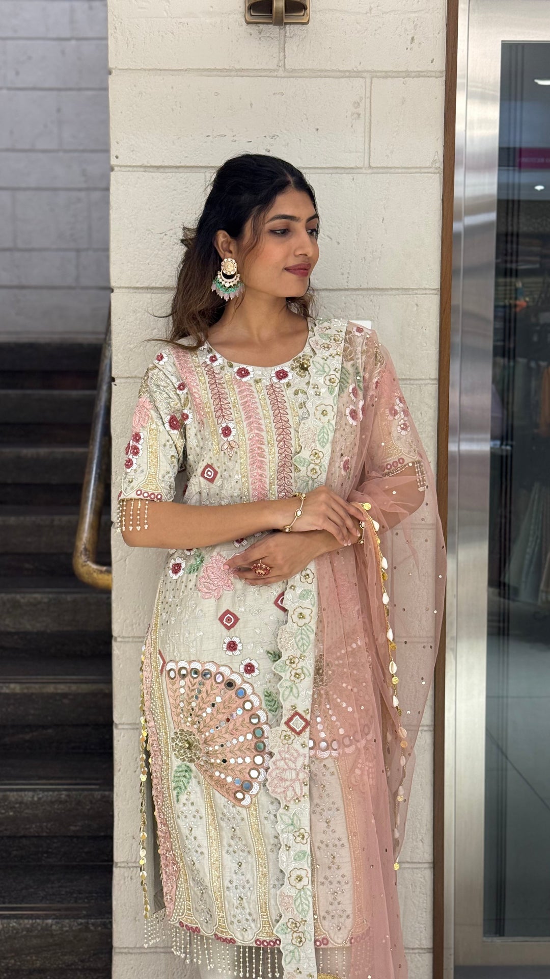 Ivory Designer Kurta Set with Multicolor Embroidery & Peach Dupatta