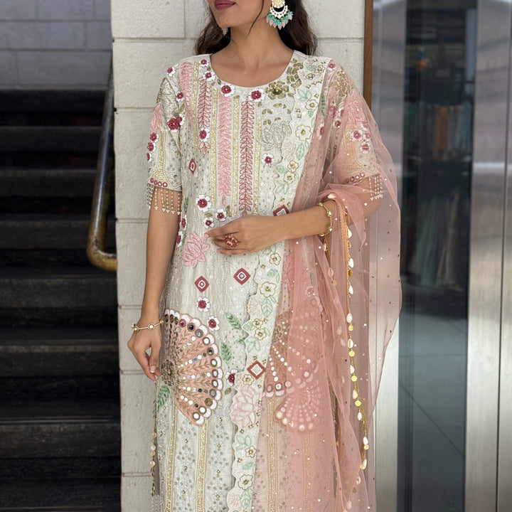 Ivory Designer Kurta Set with Multicolor Embroidery & Peach Dupatta