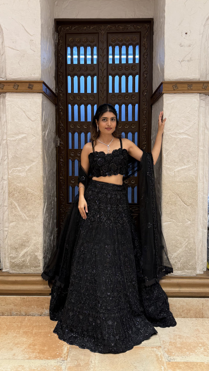 Midnight Black Embroidered Lehenga Set with Dupatta