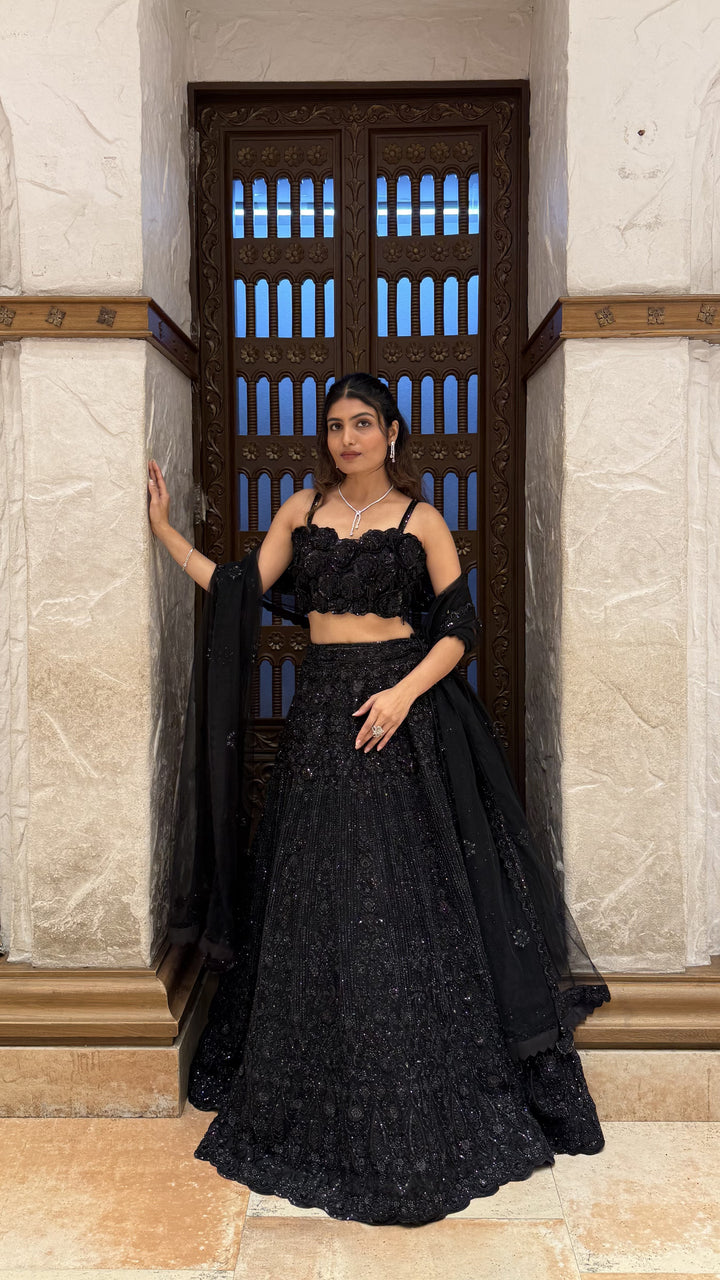 Midnight Black Embroidered Lehenga Set with Dupatta