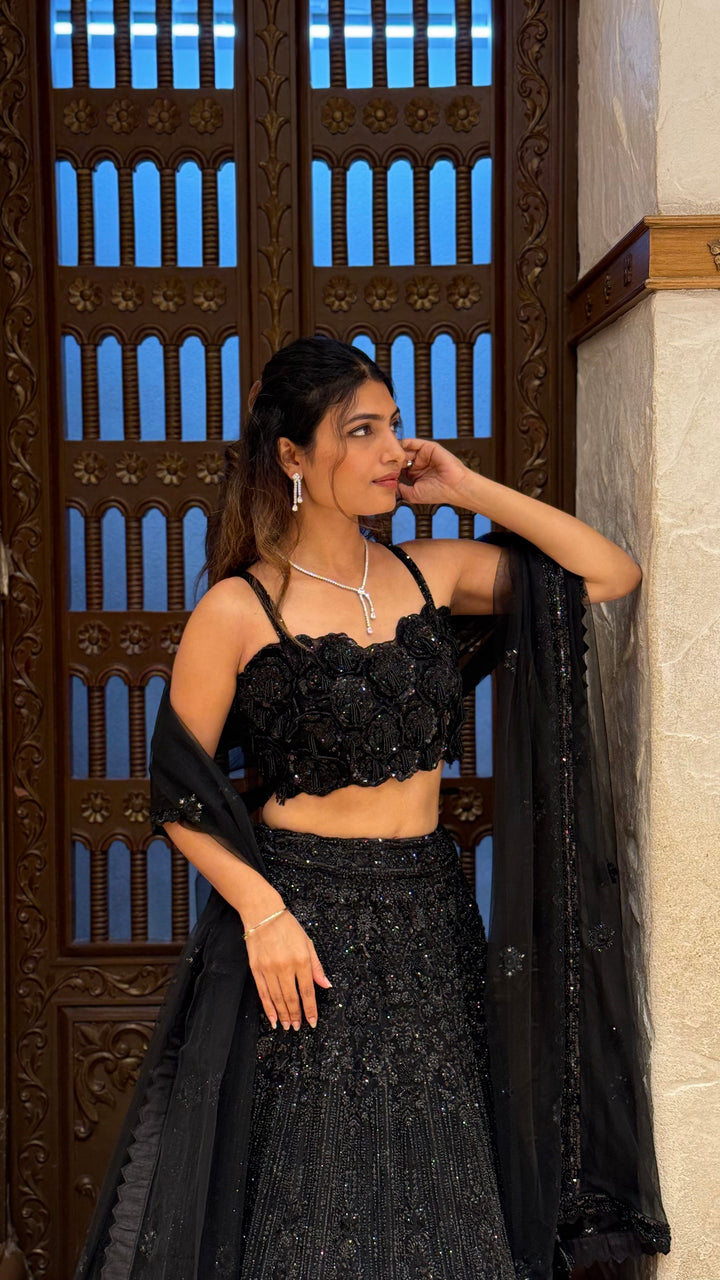 Midnight Black Embroidered Lehenga Set with Dupatta