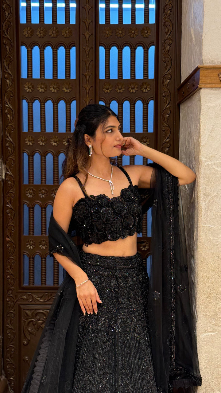 Midnight Black Embroidered Lehenga Set with Dupatta