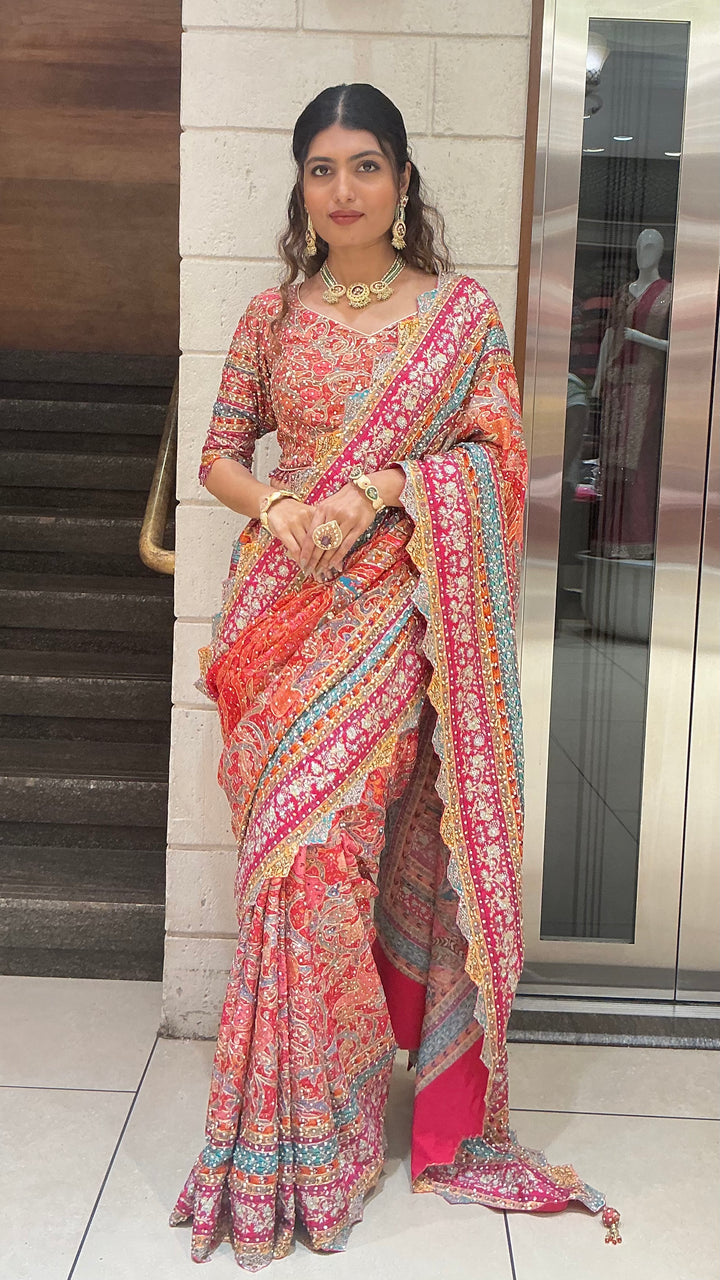 Royal Rani Pink & Coral Multi-Color Heavy Embroidered Designer Saree
