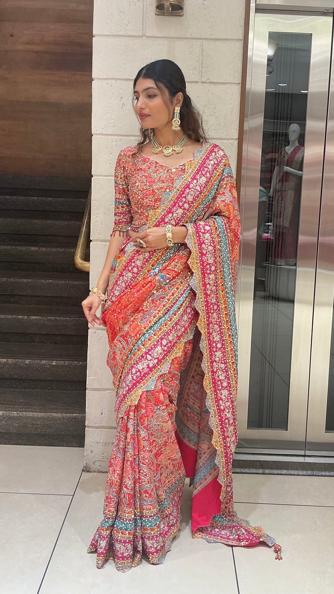 Royal Rani Pink & Coral Multi-Color Heavy Embroidered Designer Saree