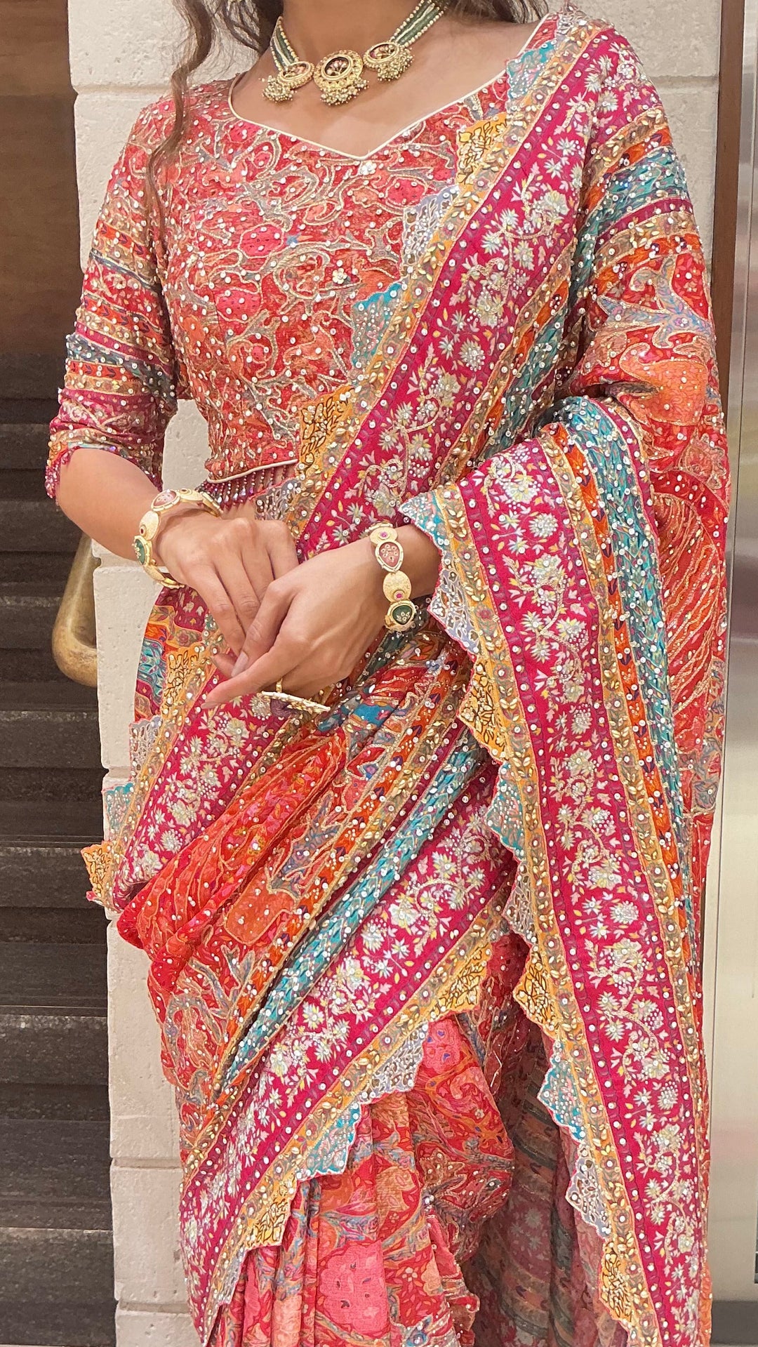 Royal Rani Pink & Coral Multi-Color Heavy Embroidered Designer Saree