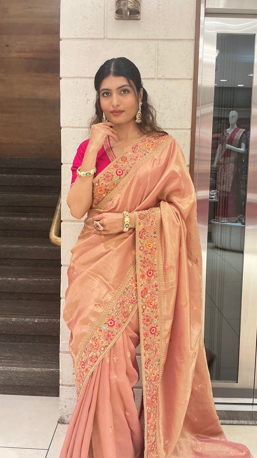 Elegant Peach Gold Designer Saree with Floral Embroidered Border & Rani Pink Blouse