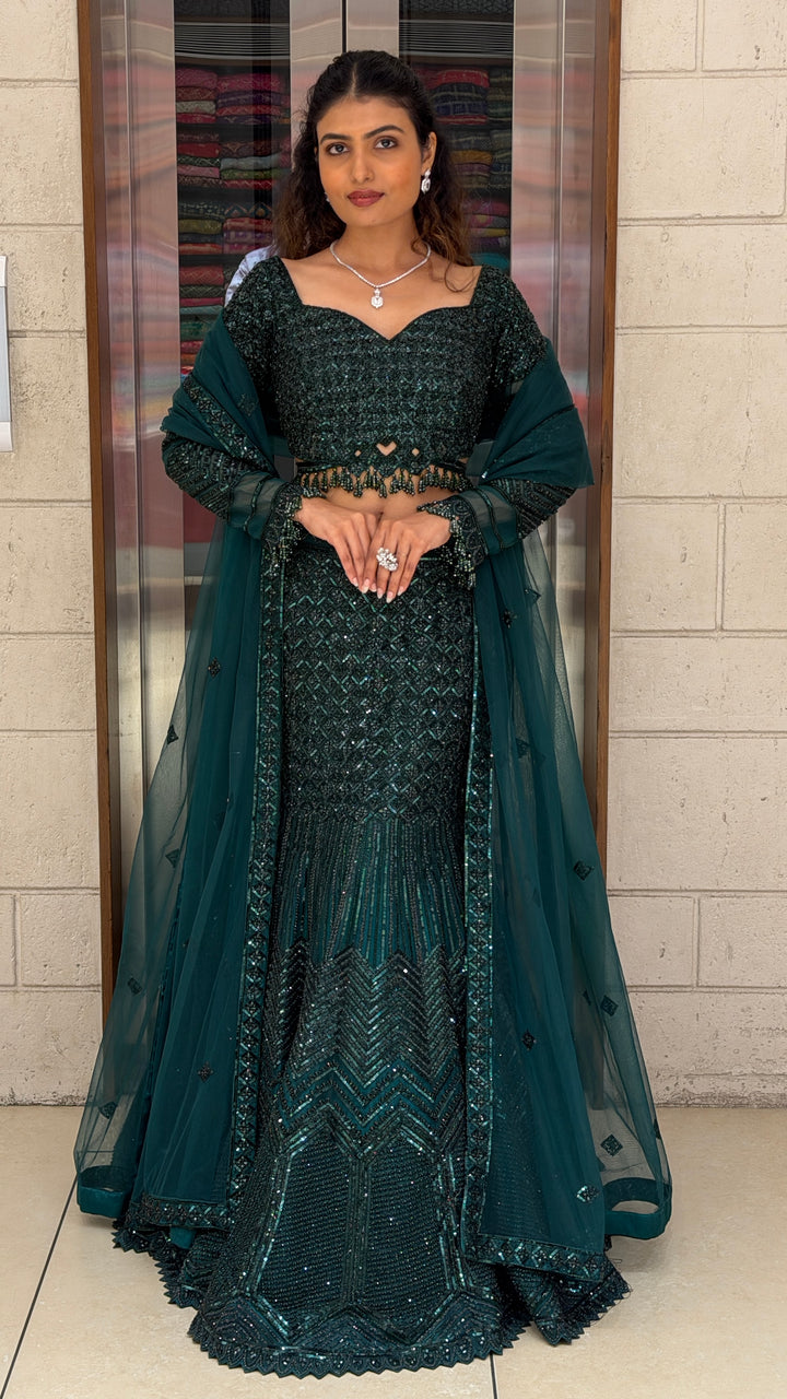 Emerald Green Designer Mermaid Lehenga Set with Sequins Embellishment & Net Dupatta