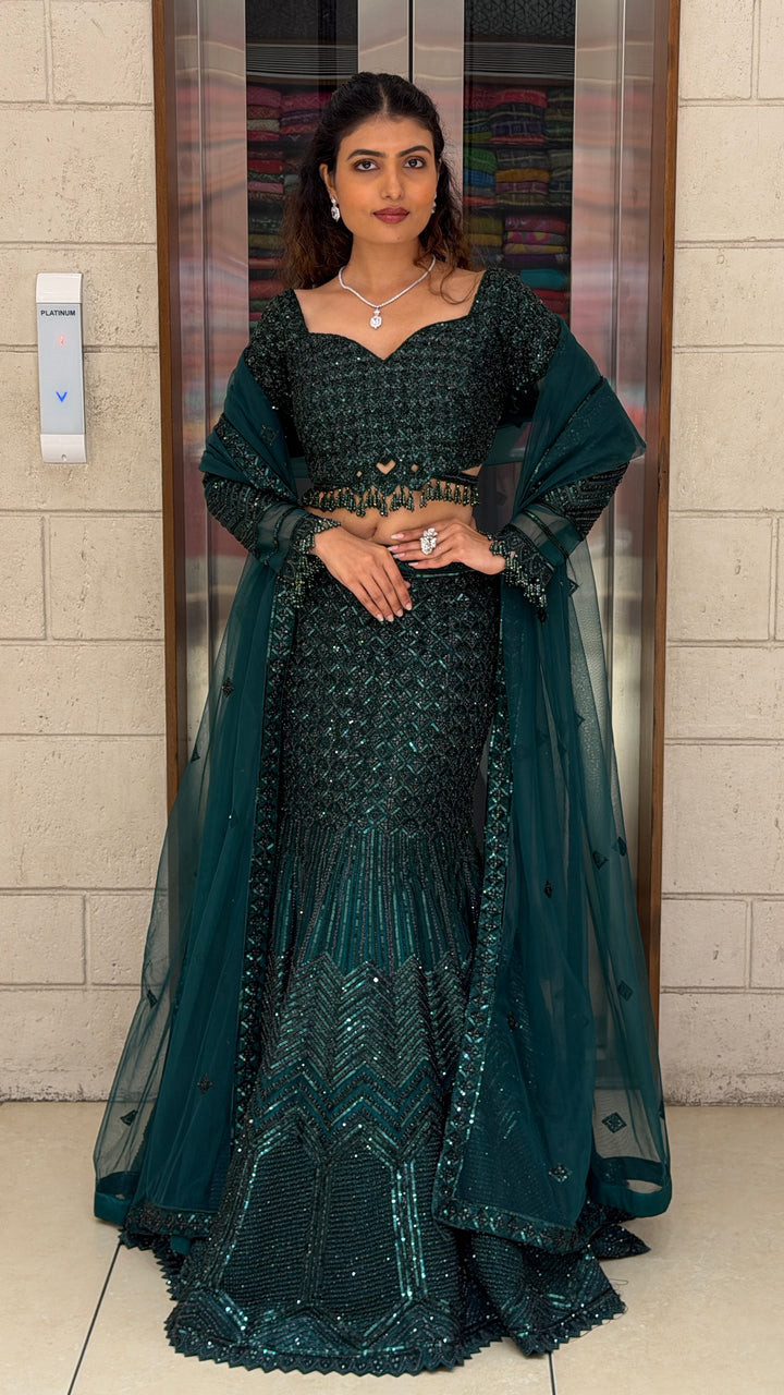 Midnight Teal Sequins Embellished Mermaid Lehenga Set with Net Dupatta