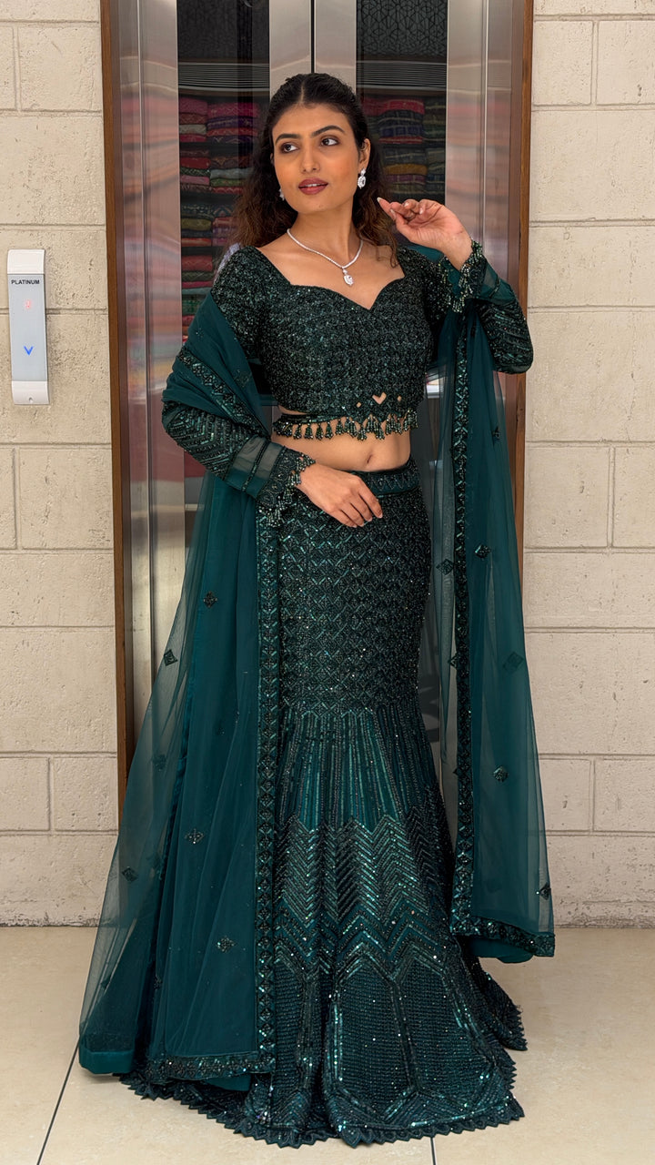 Emerald Green Designer Mermaid Lehenga Set with Sequins Embellishment & Net Dupatta