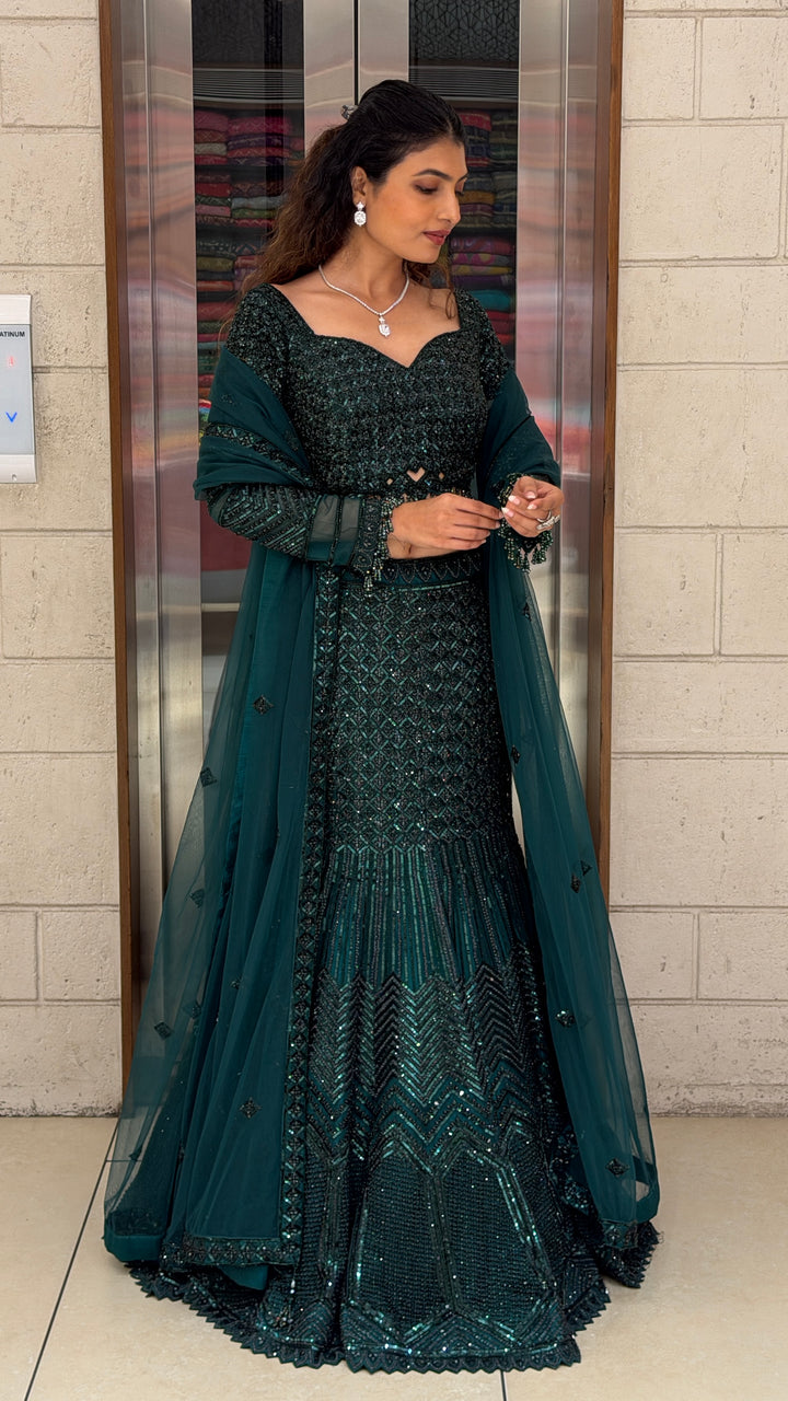 Midnight Teal Sequins Embellished Mermaid Lehenga Set with Net Dupatta