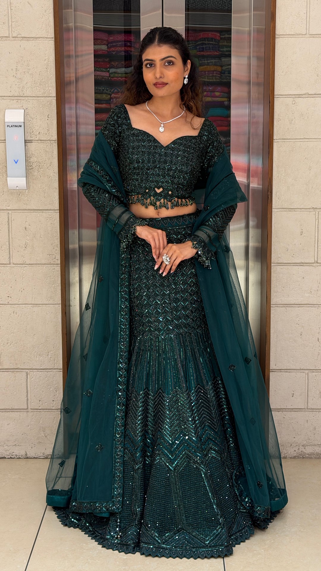 Emerald Green Designer Mermaid Lehenga Set with Sequins Embellishment & Net Dupatta