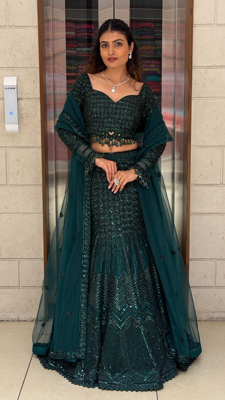 Emerald Green Designer Mermaid Lehenga Set with Sequins Embellishment & Net Dupatta