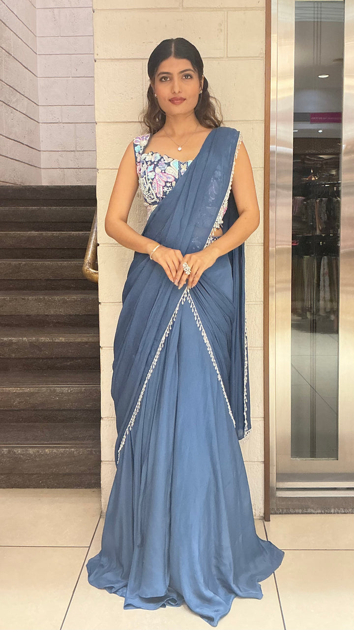Elegant Steel Blue Designer Saree with Embroidered Blouse & Minimal Lace Border