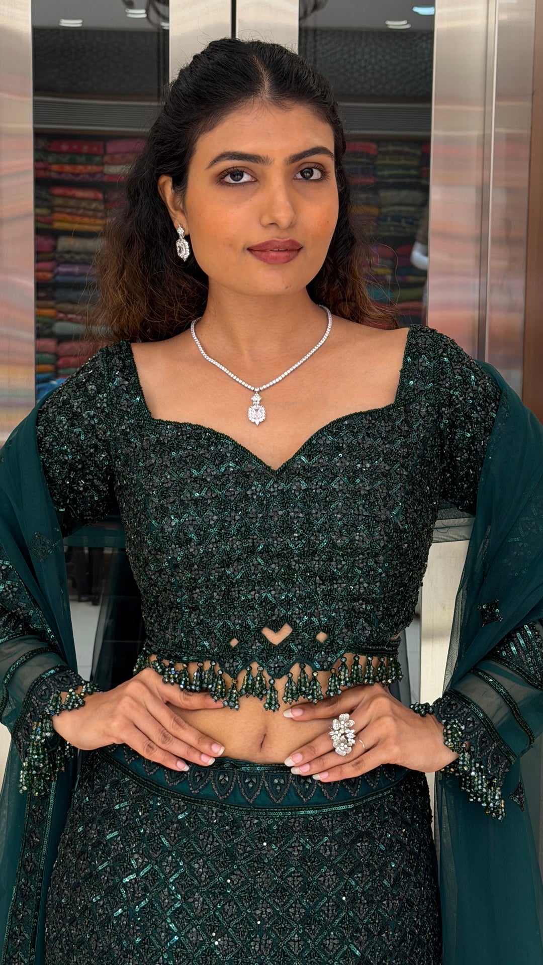Emerald Green Designer Mermaid Lehenga Set with Sequins Embellishment & Net Dupatta