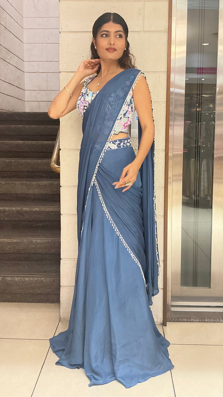 Elegant Steel Blue Designer Saree with Embroidered Blouse & Minimal Lace Border