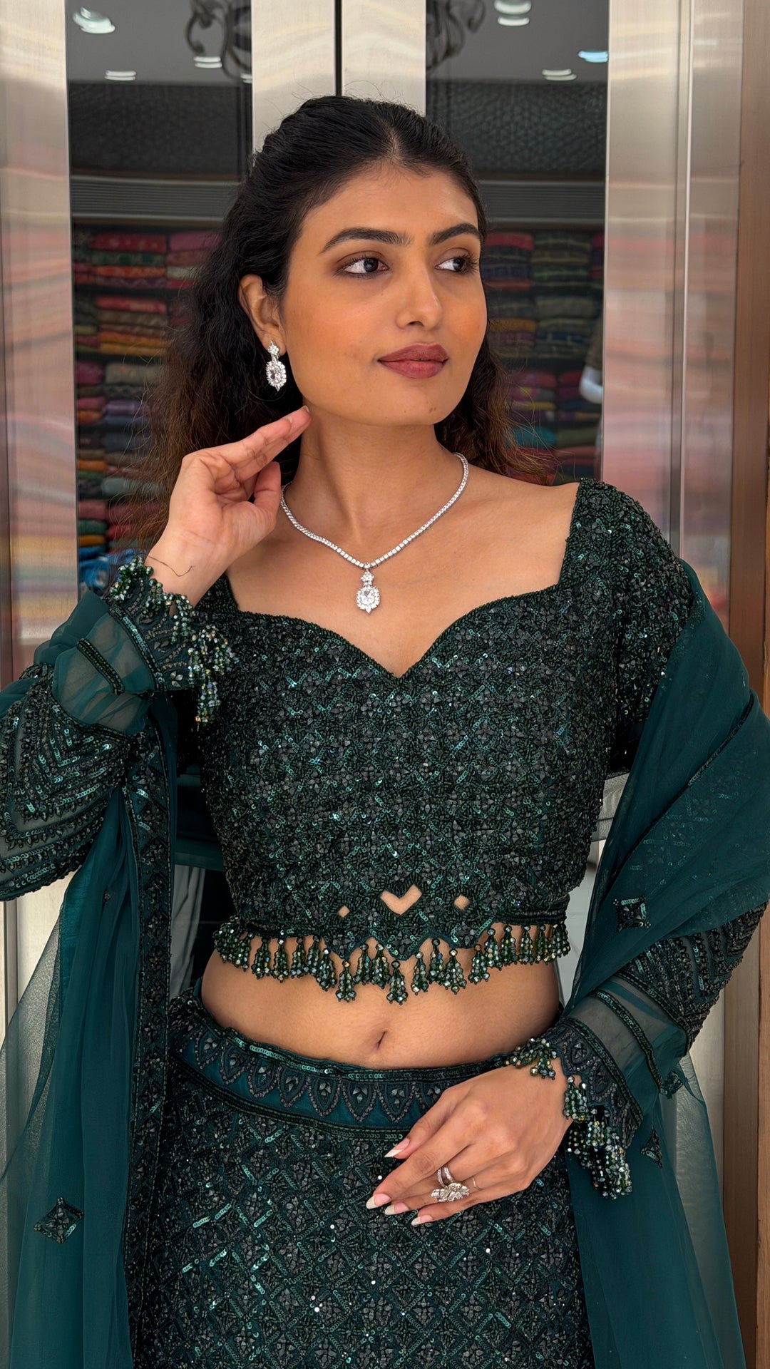 Midnight Teal Sequins Embellished Mermaid Lehenga Set with Net Dupatta