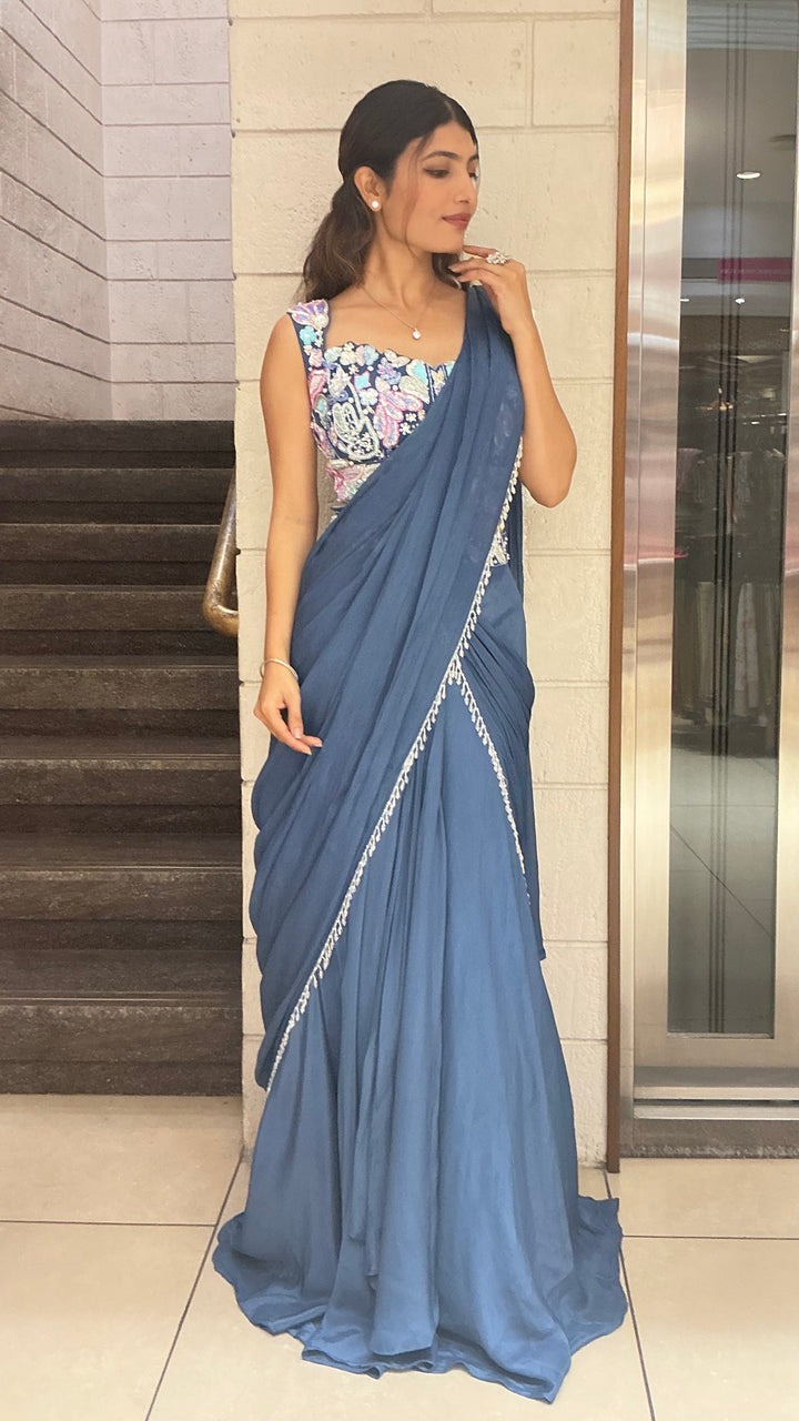 Elegant Steel Blue Designer Saree with Embroidered Blouse & Minimal Lace Border