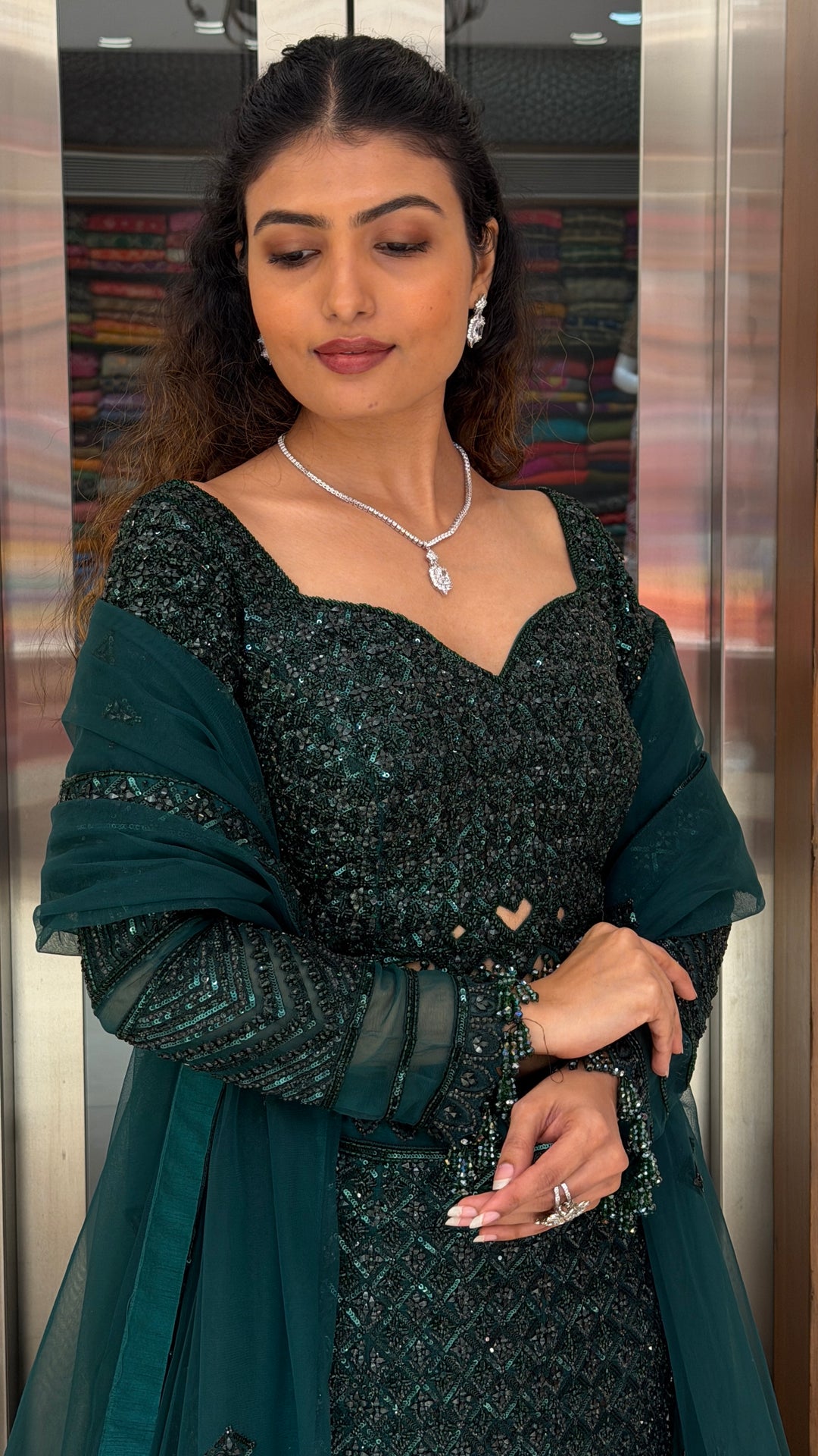 Midnight Teal Sequins Embellished Mermaid Lehenga Set with Net Dupatta