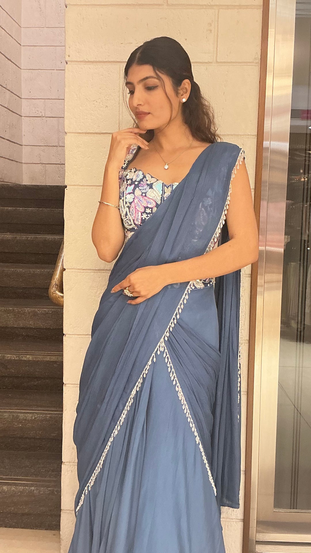 Elegant Steel Blue Designer Saree with Embroidered Blouse & Minimal Lace Border