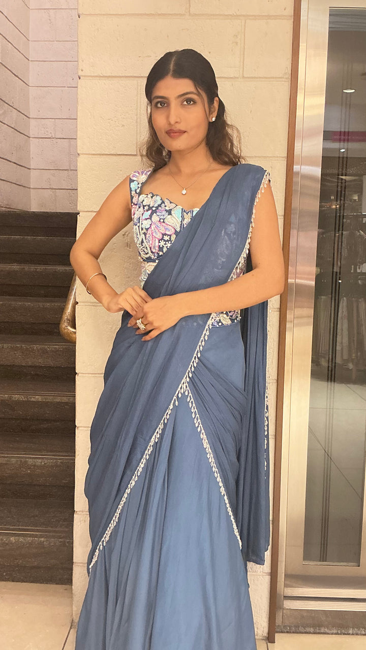 Elegant Steel Blue Designer Saree with Embroidered Blouse & Minimal Lace Border