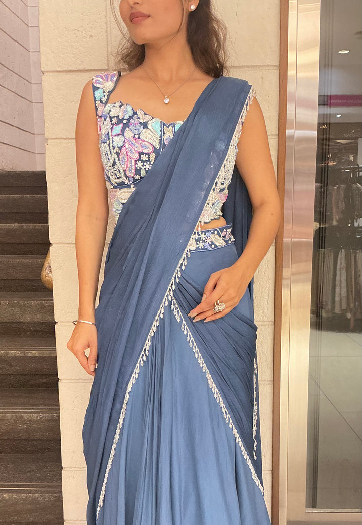 Elegant Steel Blue Designer Saree with Embroidered Blouse & Minimal Lace Border