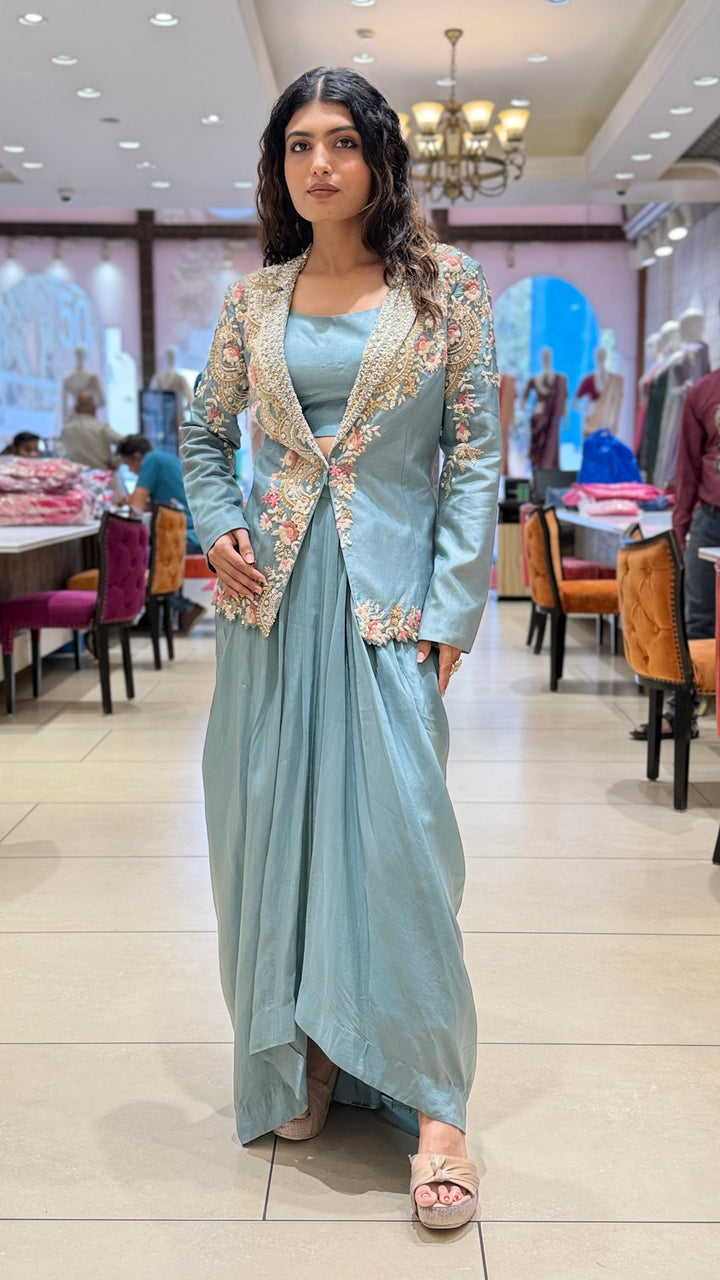 Sage Green Indo-Western Draped Skirt Set with Embroidered Jacket