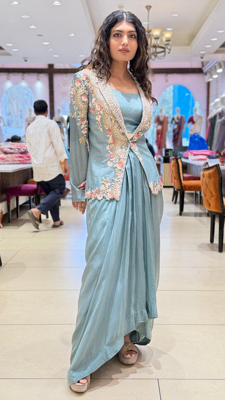 Sage Green Indo-Western Draped Skirt Set with Embroidered Jacket